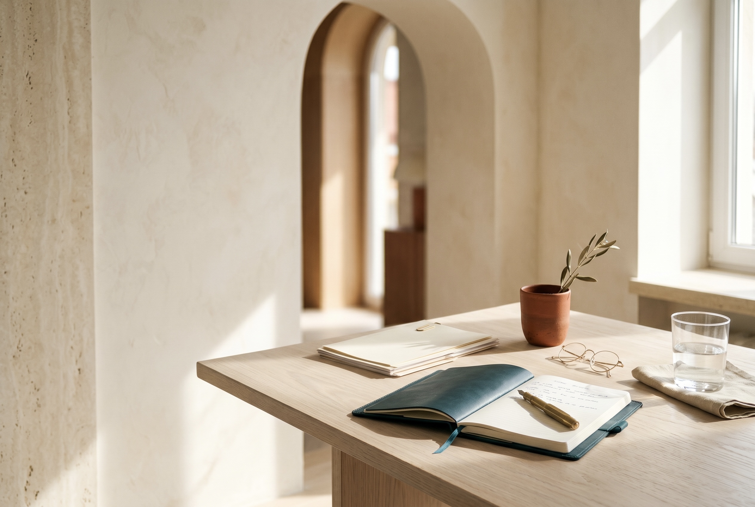 Sunlit minimalist workspace with an open journal, reading glasses and an olive branch on a wooden desk beneath an arched doorway